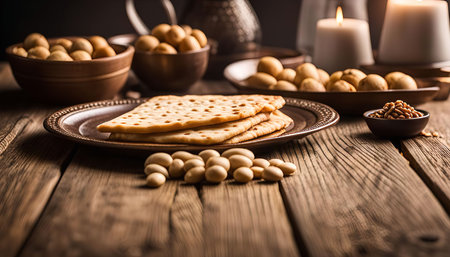 A plate of matzah bread on a wooden table for the Jewish holiday of Passover.の写真素材