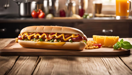 A hot dog with mustard, ketchup, cheese, and vegetables on a wooden cutting boardの写真素材