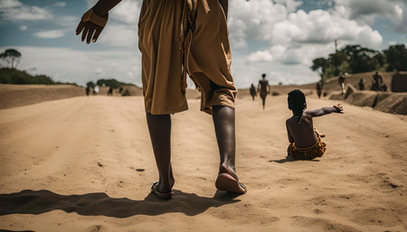 Two children playing on a dirt road in a rural setting. The children are walking and playing, capturing the essence of childhood in a remote location.の写真素材