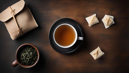 A cup of tea, tea leaves, and a tea bag are on a wooden table. The image is a still life of a tea ceremony.の写真素材