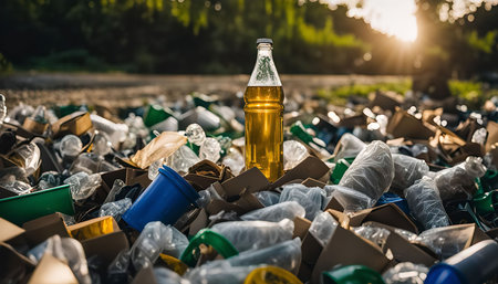 A single plastic bottle stands out amidst a vast pile of discarded plastic waste, highlighting the growing problem of plastic pollution.の写真素材