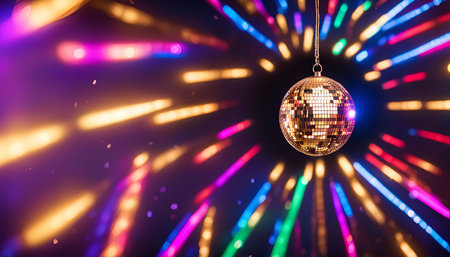 A close-up of a disco ball hanging from the ceiling with colorful lights in the background.