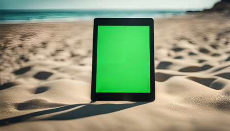 A tablet computer with a green screen is on a sandy beach, with the ocean in the background. The image captures a serene and calm atmosphere, perfect for depicting a relaxing summer vacation.の写真素材