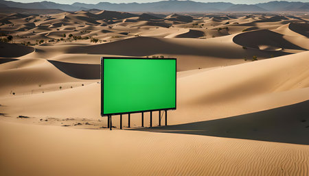 A green screen billboard stands in a desert landscape, offering a blank canvas for creative ideas.の写真素材