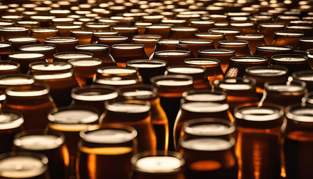 A close up photograph of a row of glass or aluminum bottles or cans, showing the tops of the...