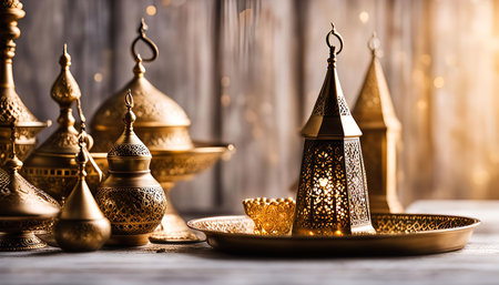 An arrangement of intricately golden lanterns, a symbol of Ramadan, on a wooden table against a...