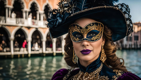 A woman wearing a traditional Venetian carnival mask. The mask is gold and ornate, and the woman's costume is also very elegant. The background is a blurred image of a Venetian canal and buildings.の写真素材