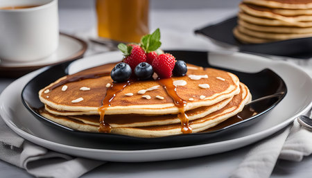 A stack of fluffy pancakes topped with fresh blueberries, raspberries and drizzled with maple syrup.の写真素材