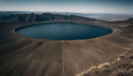 An aerial view of a crater lake surrounded by mountains, the lake is perfectly round and reflects the sky. The surrounding land is dry with a few fields in the foregroundの写真素材