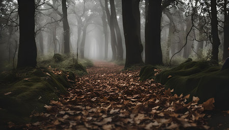 A path through a dense forest shrouded in mist. The light casts long shadows on the mossy ground and...