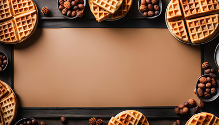 A beautiful arrangement of waffles, nuts, and milk on a wooden background. A perfect visual for a delicious breakfast or brunch.の写真素材