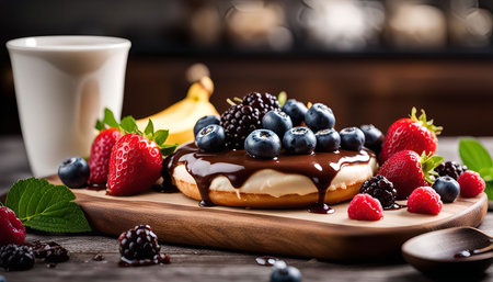 A delectable donut topped with a rich chocolate glaze and a vibrant assortment of fresh berries.の写真素材