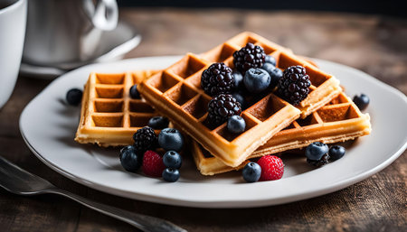 A plate of waffles topped with fresh blueberries, blackberries, and raspberries. The waffles are golden brown and the berries are vibrant and colorful.の写真素材