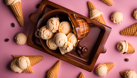 A close-up image of a bowl filled with scoops of vanilla ice cream on a pink background, surrounded by cones and more ice cream scoops.の写真素材