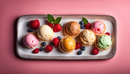 A close-up view of a plate featuring an assortment of ice cream scoops in various flavors, including...
