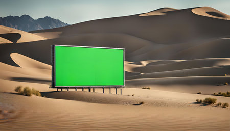 A large green screen billboard stands in the middle of a vast desert landscape. The billboard is blank, offering a blank canvas for any message or advertisement. The surrounding sand dunes create a unique and striking backdrop.の写真素材
