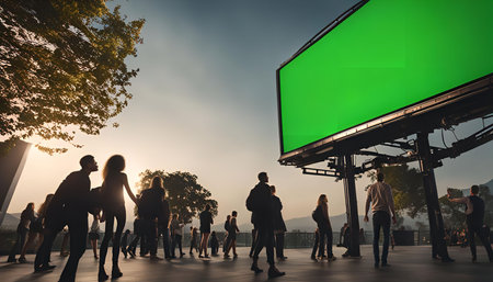 A group of people standing in front of a large, blank green screen billboard with a city in the background, photographed at sunset.の写真素材