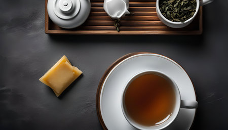 Overhead view of a cup of tea, a tea set, and a sweet treat on a gray background. The image conveys a feeling of peace and tranquility, ideal for a relaxing moment.の写真素材