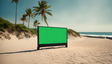 A green screen on a sandy beach with palm trees and the ocean in the background.の写真素材