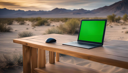 A laptop computer sits on a wooden table in a desert landscape. The sun is setting in the distance, casting a warm glow over the scene. The laptop has a green screen.の写真素材
