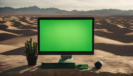 A computer monitor, keyboard and mouse sitting in a desert landscape. The monitor has a green screen and the sun shines on the scene.の写真素材