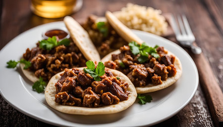 A plate of delicious Asian street food with steamed buns filled with savory meat and a sweet sauce. The food is presented on a white plate with a wooden background.の写真素材