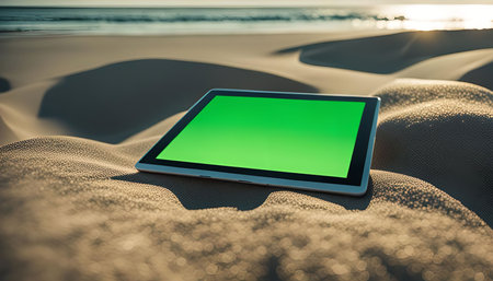 A tablet computer lies on a sandy beach with a green screen, the ocean and horizon visible in the background.の写真素材