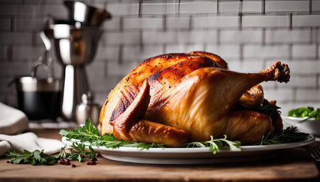 A roasted turkey, perfectly browned and glistening, sits on a white platter, ready to be served for a special occasion. The turkey is surrounded by sprigs of fresh herbs, adding a touch of color and aroma.の写真素材