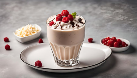 A refreshing milkshake with raspberries, whipped cream, and a chocolate drizzle.の写真素材