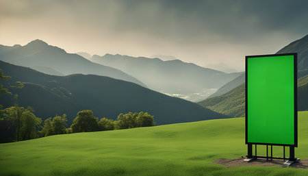 A green billboard stands on a grassy field with mountains in the background. The sky is cloudy and the mountains are layered and distant.の写真素材