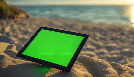 A tablet computer lays on a sandy beach with a green screen display, against the backdrop of a...