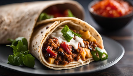 A close-up shot of a delicious burrito filled with ground beef, beans, salsa, and sour cream.