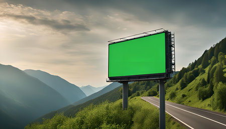 A large green screen billboard in a scenic mountain landscape setting with a highway running through...
