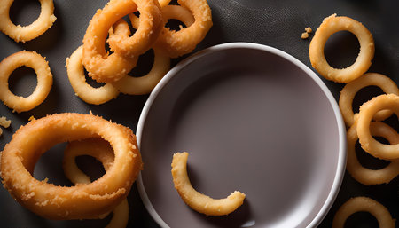 A close up of crispy onion rings served on a gray saucer. The rings are fried and golden brown, and...