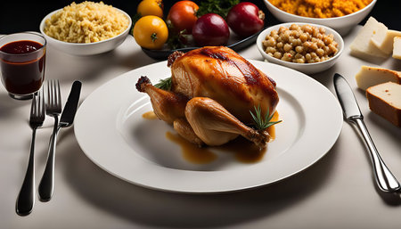 A roasted chicken with golden brown skin, rests on a white plate surrounded by cutlery, and other dishes, ready for a delicious dinner.の写真素材