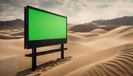 A large billboard with a green screen stands alone in a vast desert landscape with rolling sand dunes and a distant mountain range.の写真素材