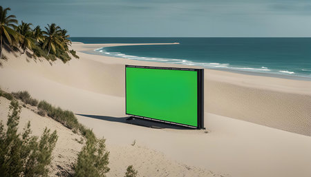 A green screen set up on a tropical beach, ready for creative possibilities.の写真素材