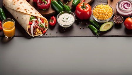 A mouthwatering burrito filled with savory beef, fresh vegetables, and a creamy sauce, surrounded by ingredients ready to create a flavorful fiesta!の写真素材