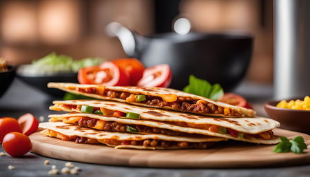 Close up of a plate of freshly made quesadillas with melted cheese, beef, and vegetables, ready to...