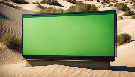 A large green billboard stands in a desert landscape. The billboard is blank, offering a perfect canvas for advertising or branding.の写真素材