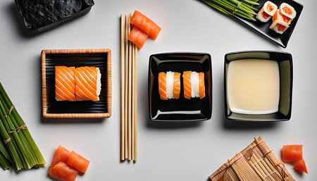 Sushi rolls with salmon and rice on a white background with chopsticks, wasabi, soy sauce, and ginger.の写真素材