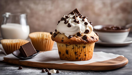 A freshly baked chocolate chip muffin topped with whipped cream. A perfect sweet treat for any occasion.の写真素材