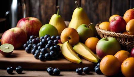 A still life photography of a variety of fresh fruits, including apples, oranges, pears, mangoes, grapes, and blueberries, arranged on a wooden table with a rustic background.の写真素材