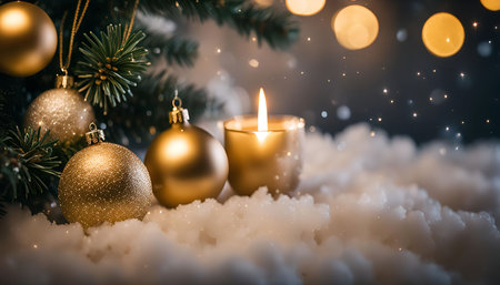A close-up shot of a glowing candle surrounded by golden Christmas ornaments and a pine branch, all set on a snowy background with a soft bokeh effect. The image evokes a warm and festive atmosphere.の写真素材