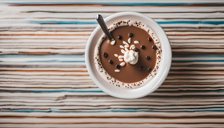 A close-up of a cup of creamy chocolate goodness, topped with whipped cream and chocolate chipsの写真素材