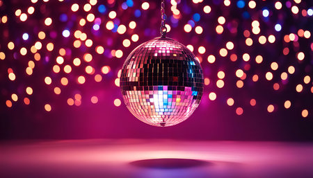 A disco ball hanging against a purple background with bokeh lights