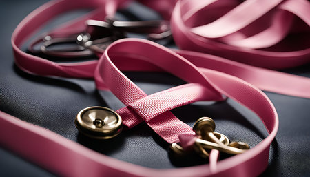 Close-up shot of a pink ribbon attached to a stethoscope, a symbol of medical care and support.