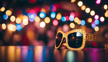 Close-up of a pair of golden sunglasses with a bokeh background of colorful lights. The image evokes a sense of party and celebration.の写真素材
