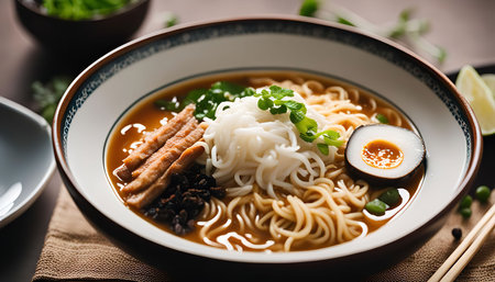 A bowl of ramen noodles with a soft boiled egg, meat, and vegetables. The noodles are covered in a...