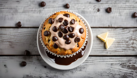 A freshly baked chocolate chip muffin with a white chocolate glaze, topped with chocolate chips and a pool of melted chocolate on a wooden surface.の写真素材